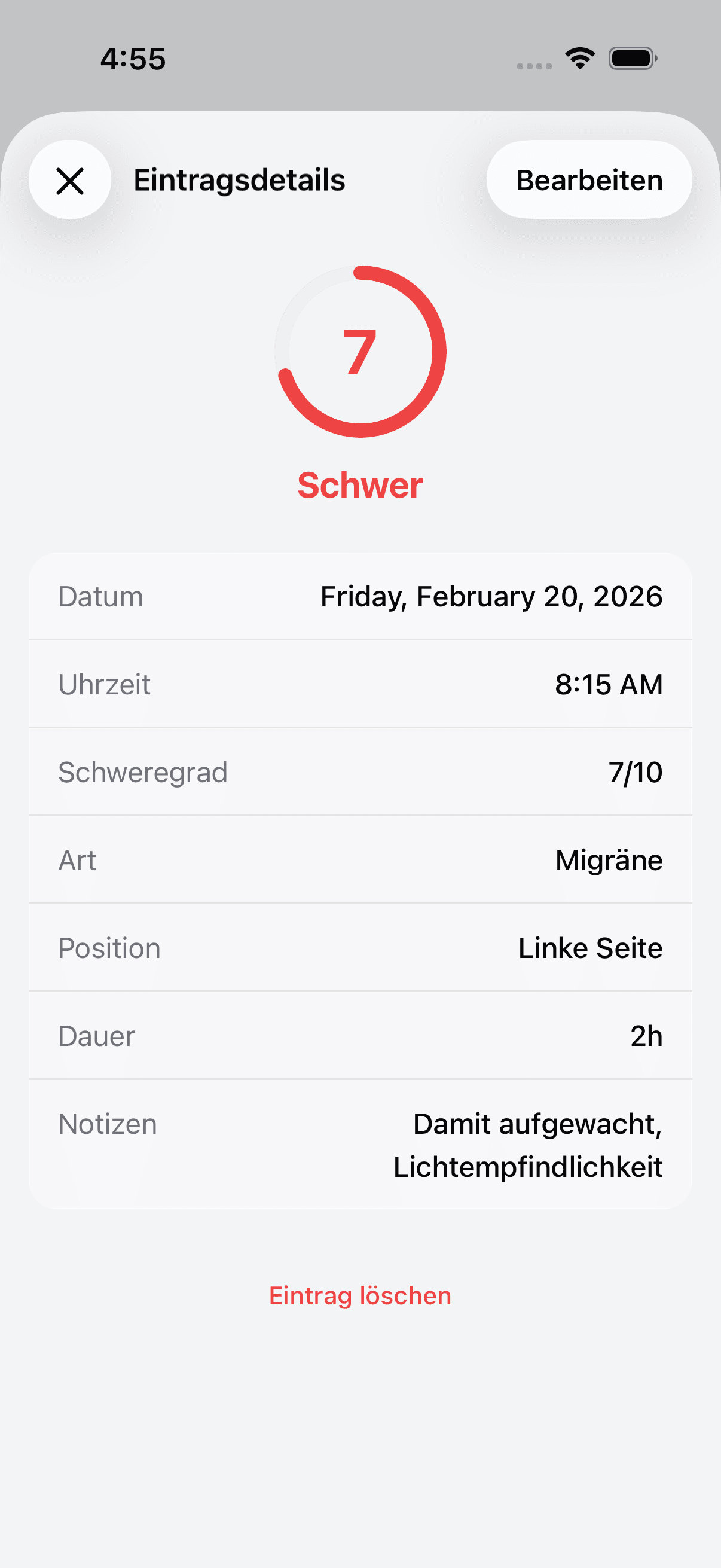 Detailed view of a headache log entry