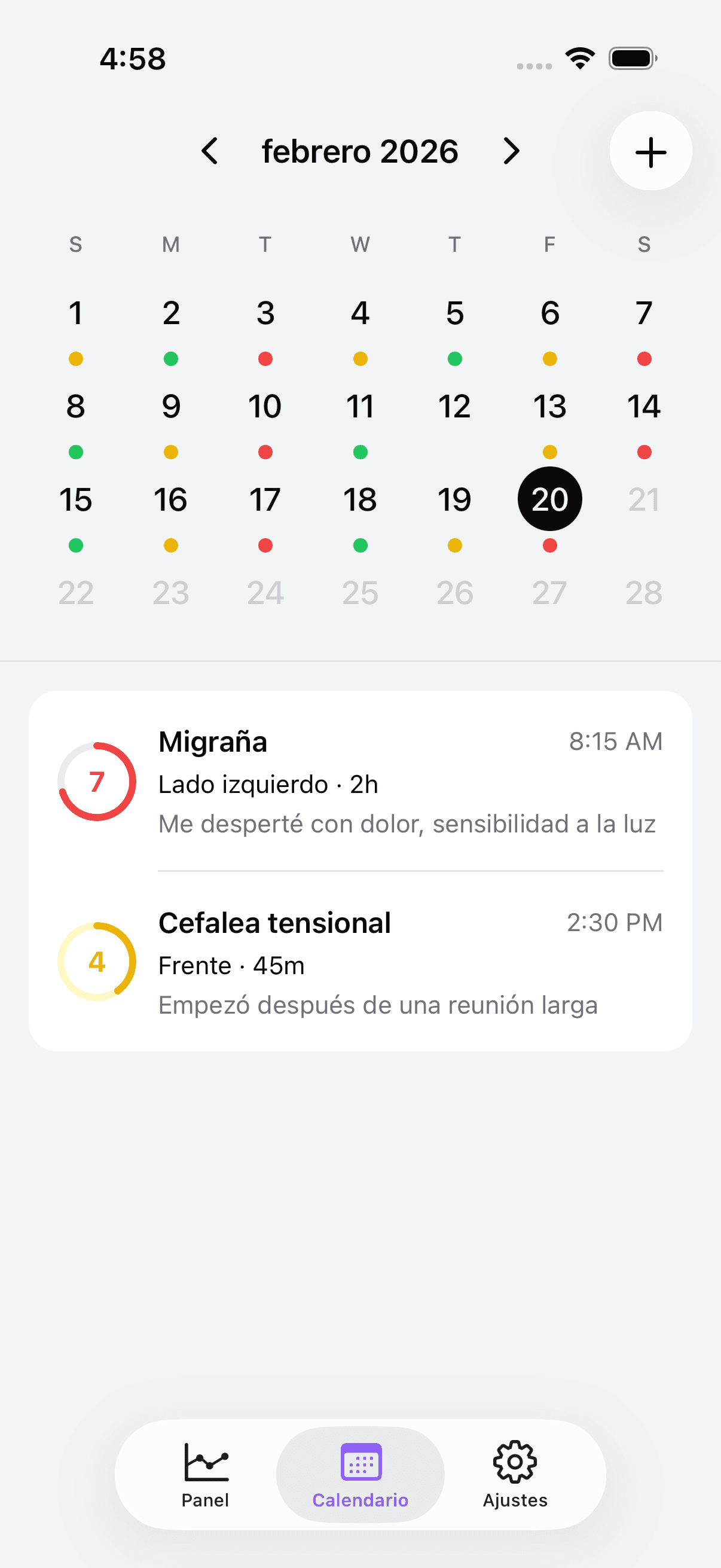 Calendar view with color-coded headache entries