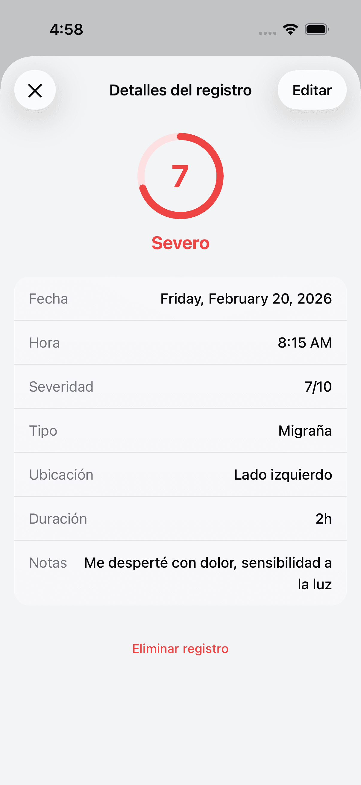 Detailed view of a headache log entry
