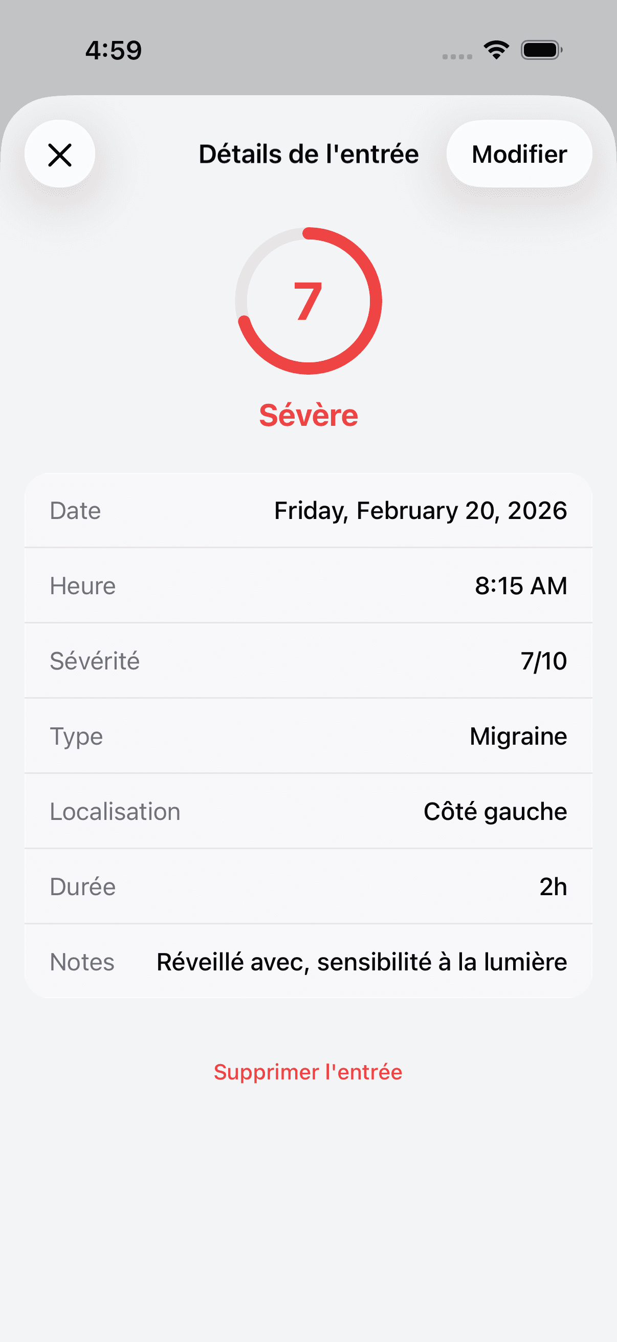 Detailed view of a headache log entry