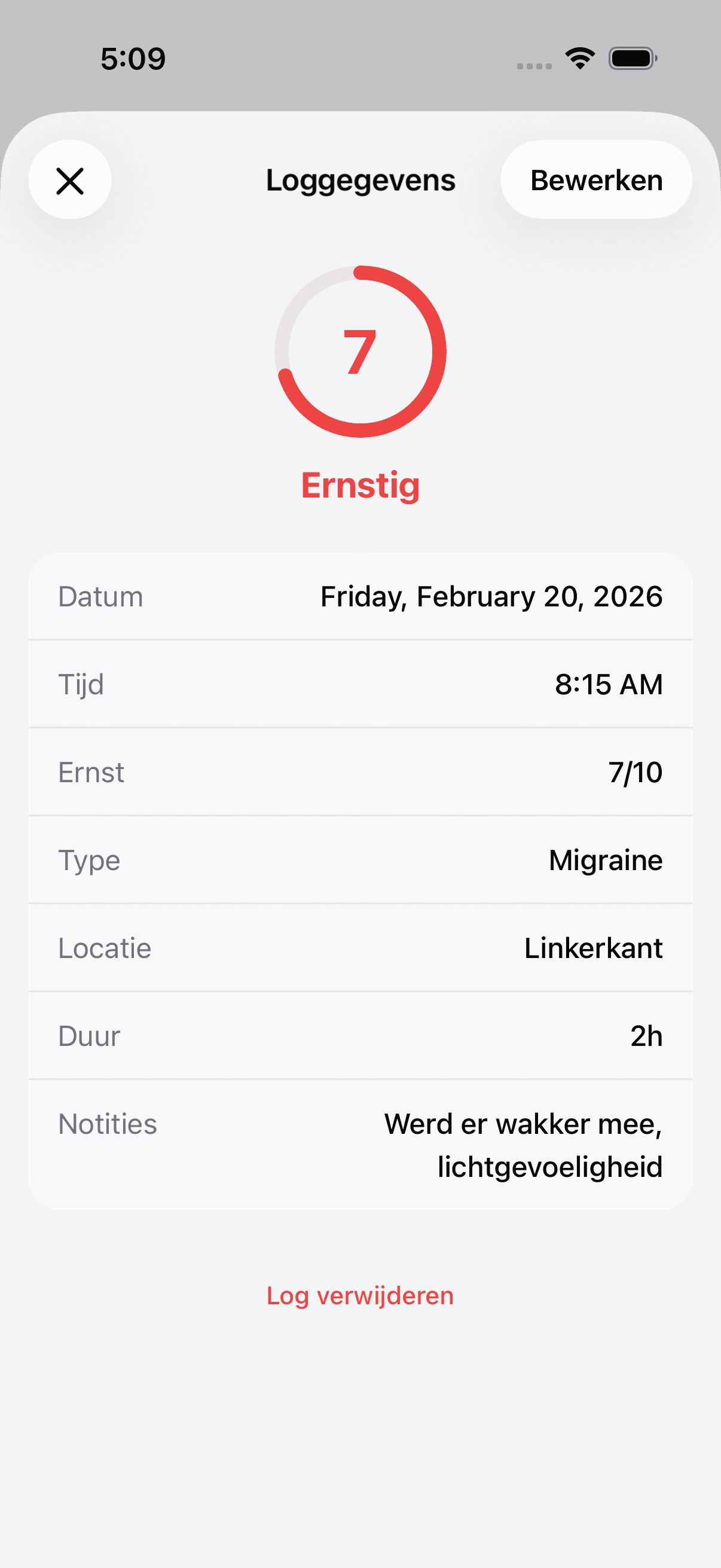 Detailed view of a headache log entry