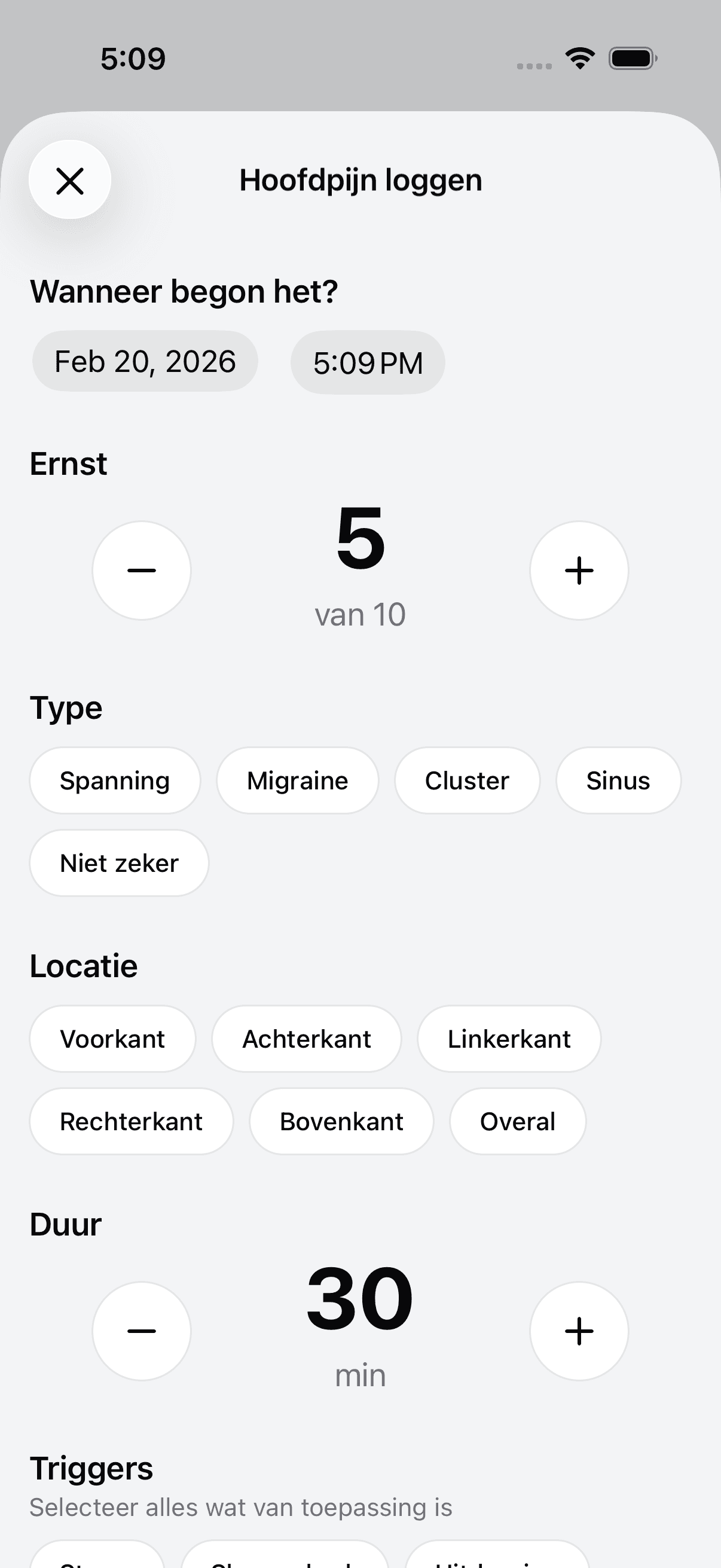 Add new headache log entry screen