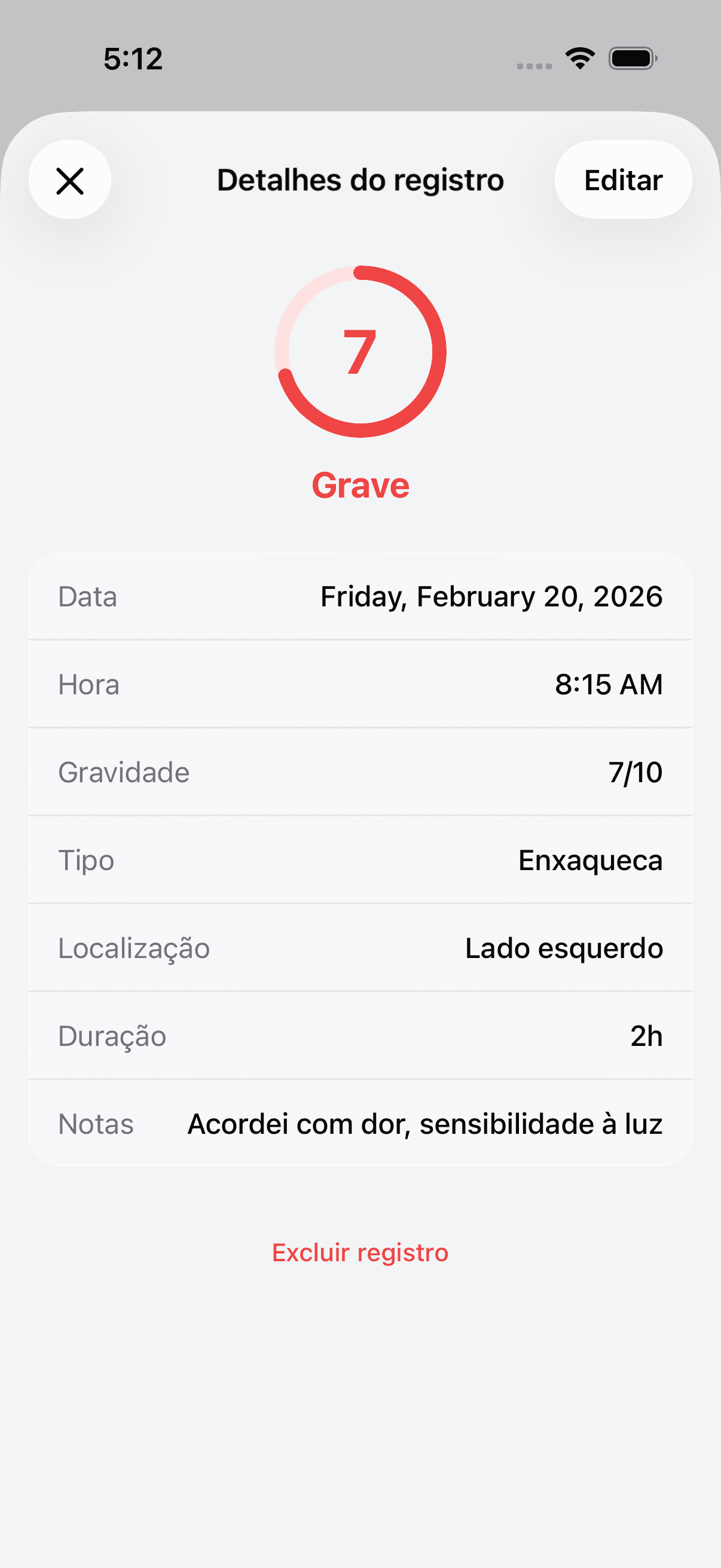 Detailed view of a headache log entry