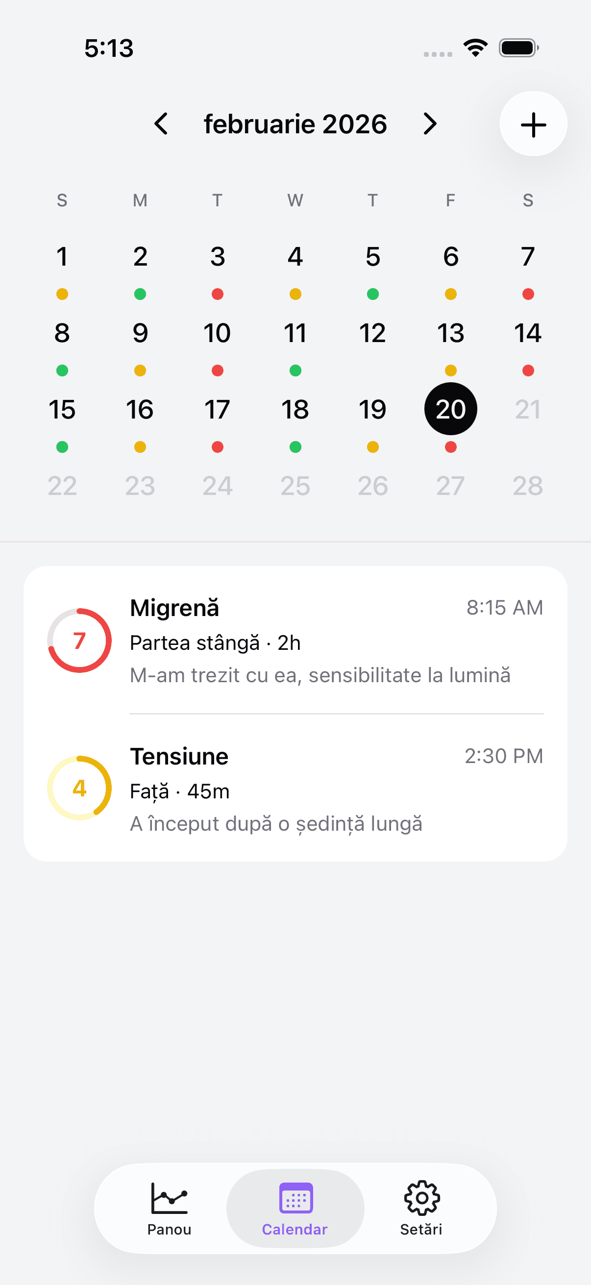 Calendar view with color-coded headache entries
