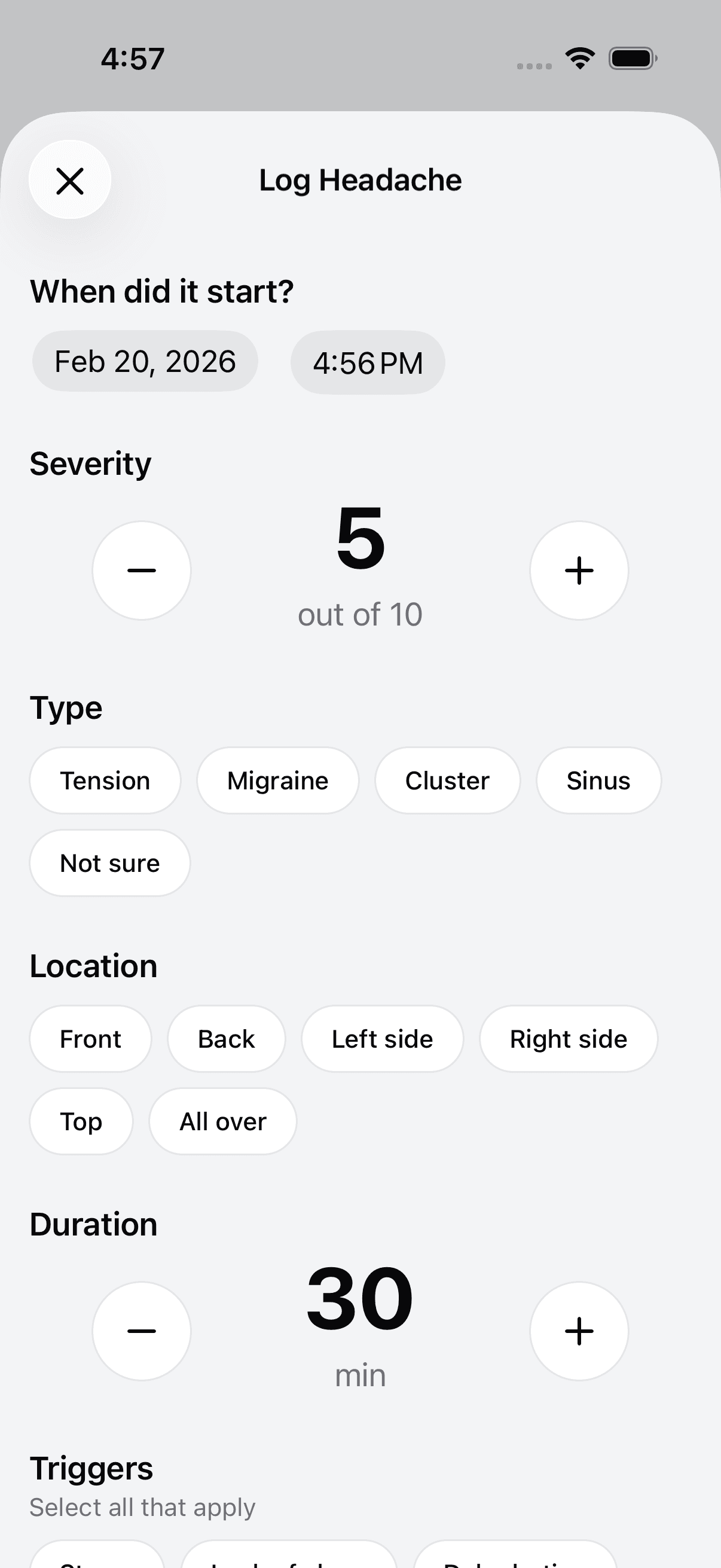 Add new headache log entry screen
