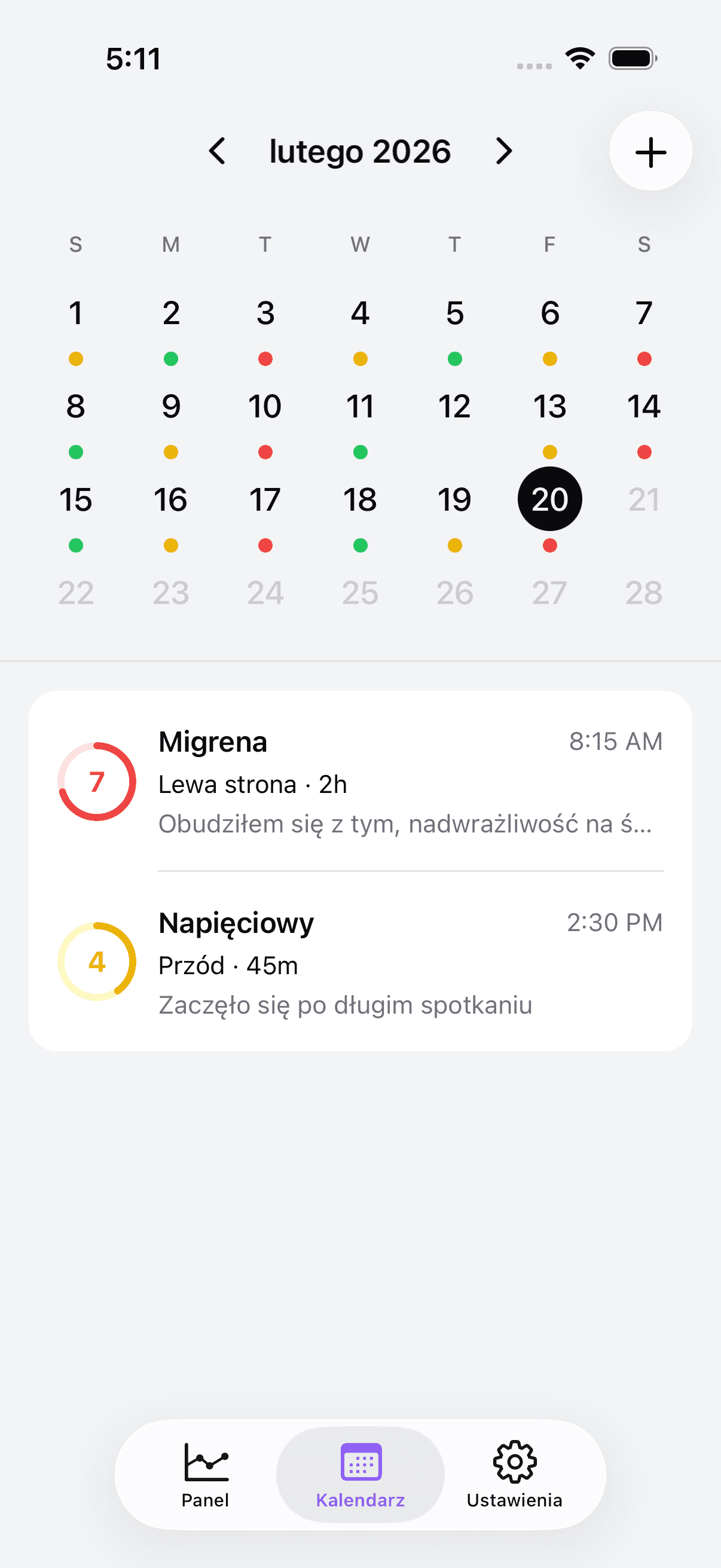 Calendar view with color-coded headache entries