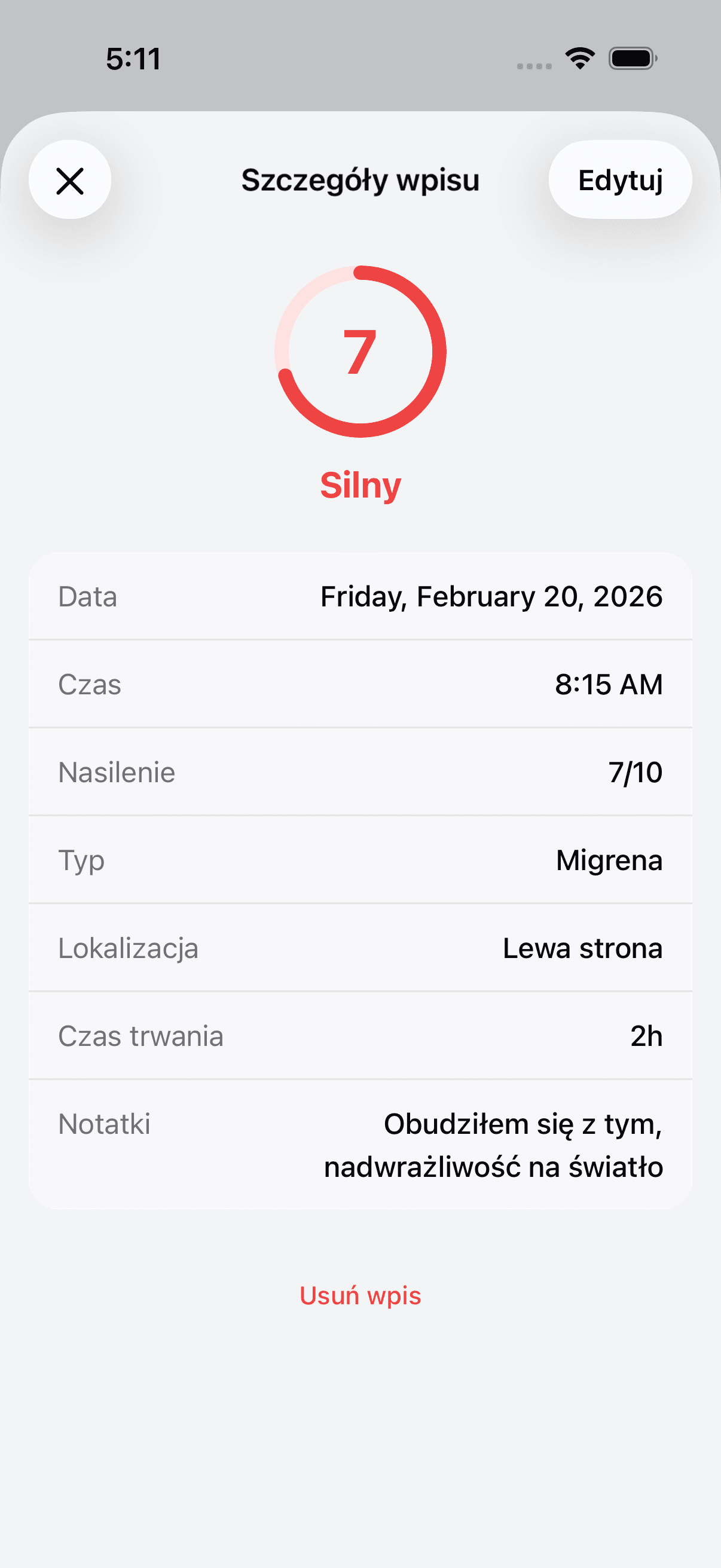 Detailed view of a headache log entry