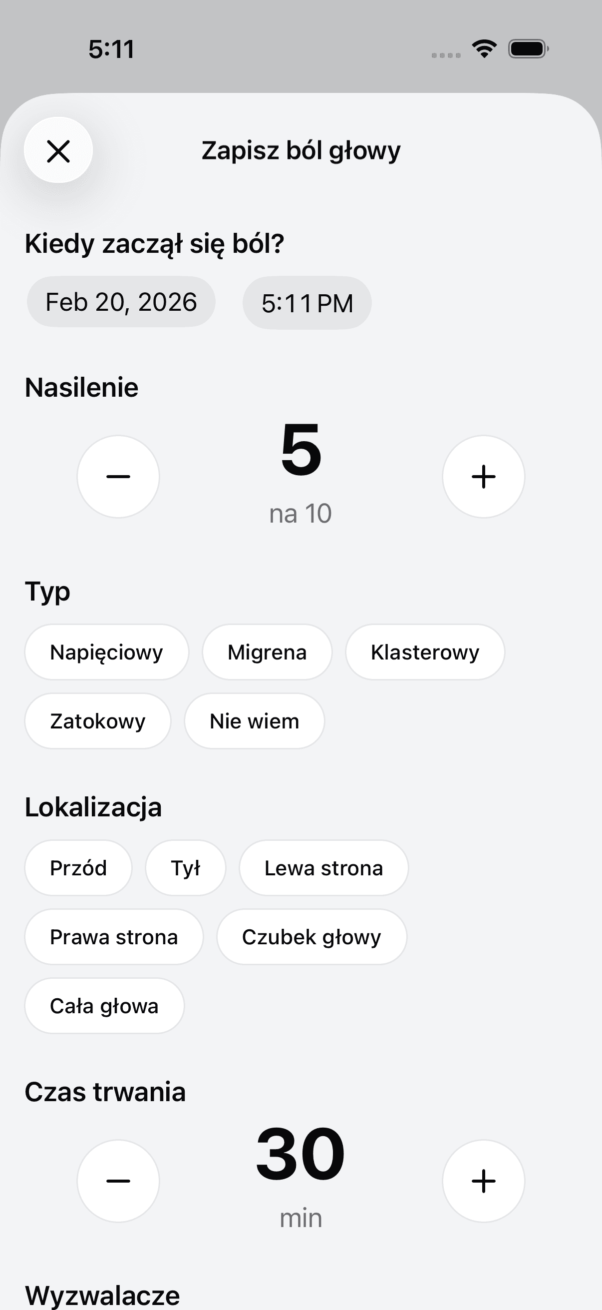 Add new headache log entry screen